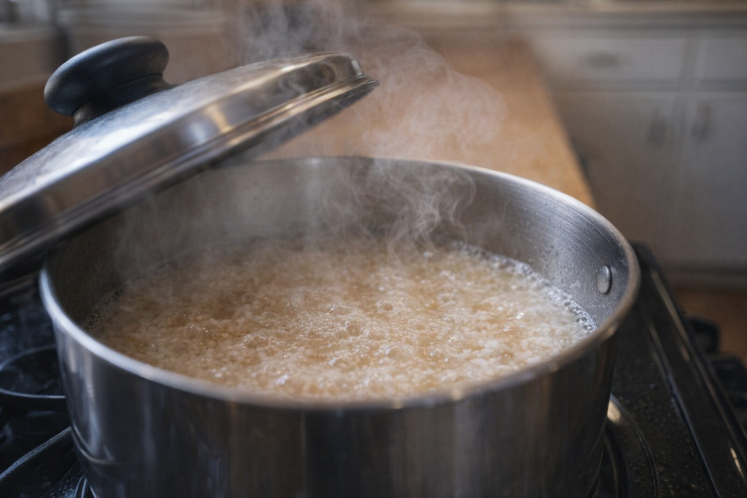 A medium shot of rice simmering in a pot on the stovetop, lid slightly ajar to reveal steam rising, with a focus on the gentle bubbling action